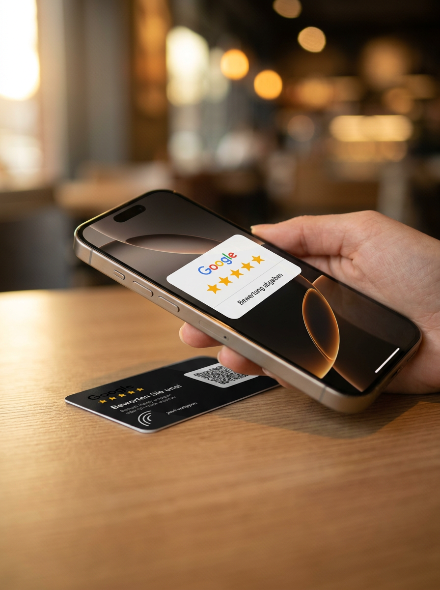 Kunde tippt NFC Bewertungskarte an Smartphone