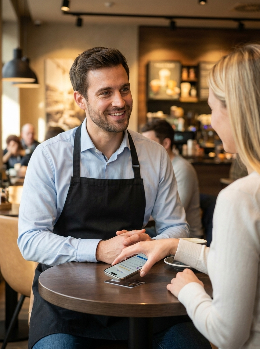 Gastgeber im Café zeigt einer Gästin die StarTap NFC-Bewertungskarte am Tisch