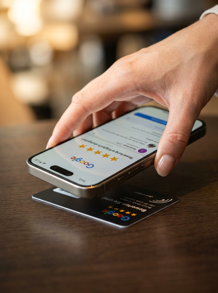 Kunde tippt NFC-Bewertungskarte mit dem Smartphone an