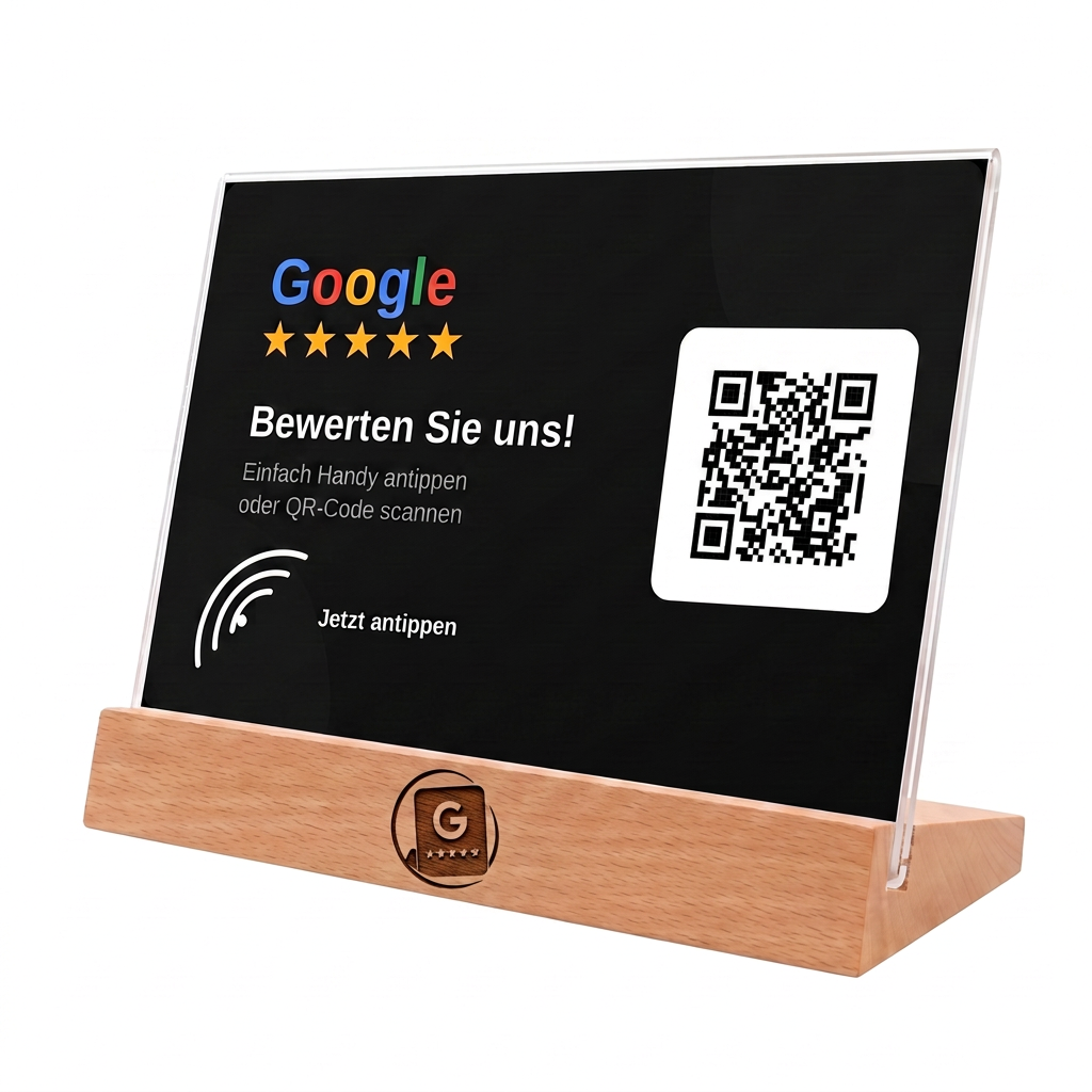 Holzaufsteller mit schwarzer Google-Bewertungskarte und QR-Code, Einzeln